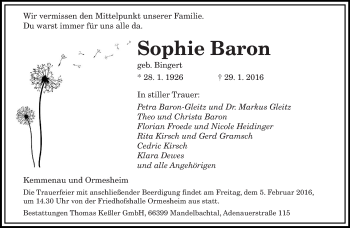 Todesanzeige von Sophie Baron von saarbruecker_zeitung