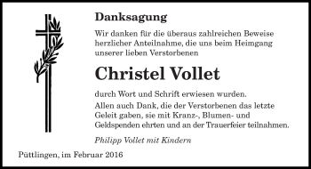 Todesanzeige von Christel Vollet von saarbruecker_zeitung