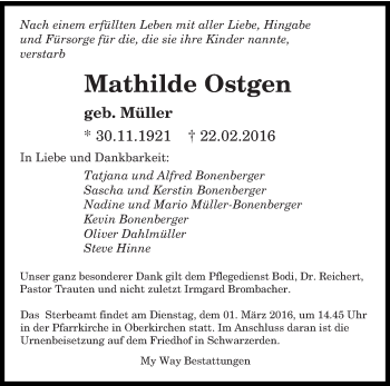Todesanzeige von Mathilde Ostgen von saarbruecker_zeitung