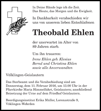Todesanzeige von Theobald Ehlen von saarbruecker_zeitung