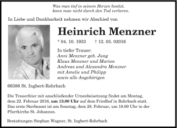 Todesanzeige von Heinrich Menzner von saarbruecker_zeitung