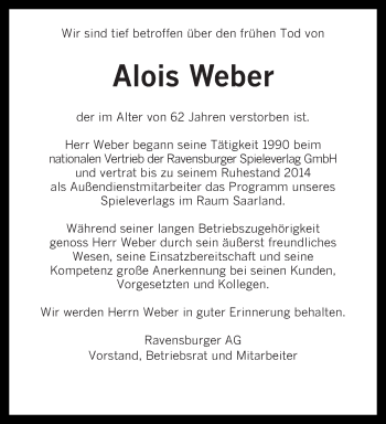 Todesanzeige von Alois Weber von saarbruecker_zeitung