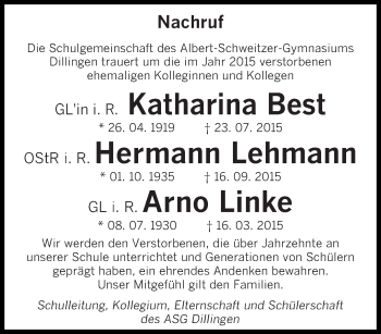 Todesanzeige von In Gedenken Schulgemeinschaft des Albert-Schweitzer-Gymnasiums von saarbruecker_zeitung