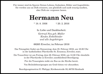 Todesanzeige von Hermann Neu von saarbruecker_zeitung