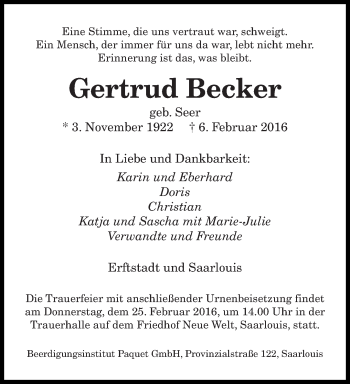 Todesanzeige von Gertrud Becker von saarbruecker_zeitung