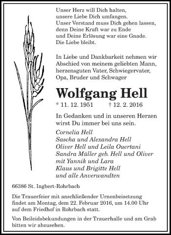 Todesanzeige von Wolfgang Hell von saarbruecker_zeitung