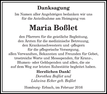 Todesanzeige von Maria Boßlet von saarbruecker_zeitung
