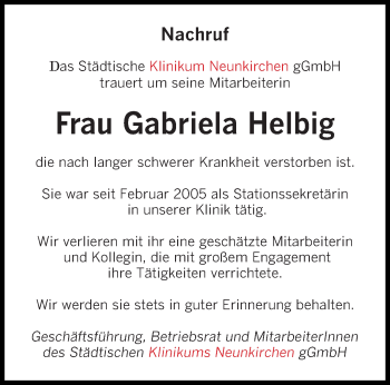 Todesanzeige von Gabriela Helbig von saarbruecker_zeitung