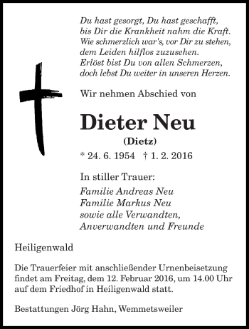 Todesanzeige von Dieter Neu von saarbruecker_zeitung