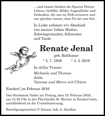 Todesanzeige von Renate Jenal von saarbruecker_zeitung