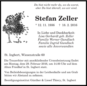 Todesanzeige von Stefan Zeller von saarbruecker_zeitung