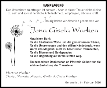 Todesanzeige von Jena Gisela Warken von saarbruecker_zeitung