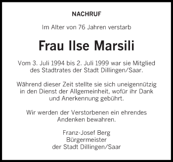 Todesanzeige von Ilse Marsili von saarbruecker_zeitung