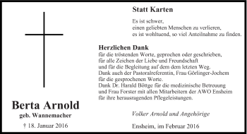 Todesanzeige von Berta Arnold von saarbruecker_zeitung