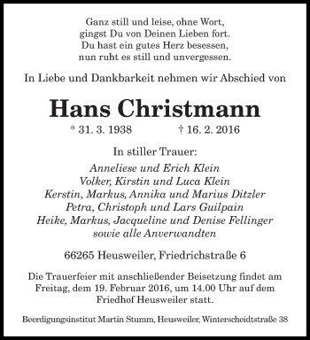 Todesanzeige von Hans Christmann von saarbruecker_zeitung