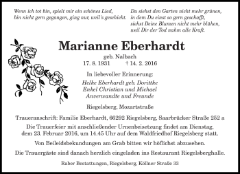 Todesanzeige von Marianne Eberhardt von saarbruecker_zeitung