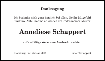 Todesanzeige von Anneliese Schappert von saarbruecker_zeitung