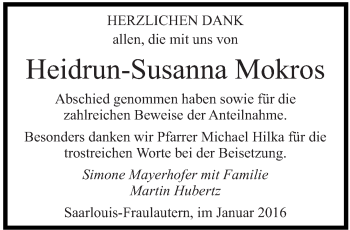 Todesanzeige von Heidrun-Susanna Mokros von saarbruecker_zeitung