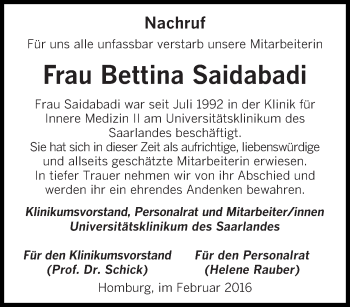 Todesanzeige von Bettina Saidabadi von saarbruecker_zeitung