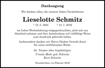 Todesanzeige von Lieselotte Schmitz von saarbruecker_zeitung