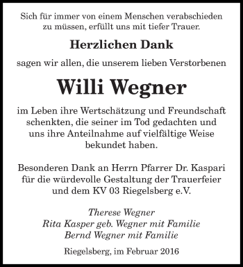 Todesanzeige von Willi Wegner von saarbruecker_zeitung