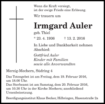 Todesanzeige von Irmgard Auler von saarbruecker_zeitung