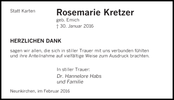 Todesanzeige von Rosemarie Kretzer von saarbruecker_zeitung