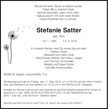 Todesanzeige von Stefanie Satter von saarbruecker_zeitung