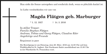 Todesanzeige von Magda Flätgen von saarbruecker_zeitung