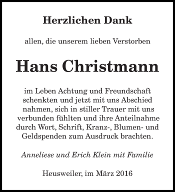 Todesanzeige von Hans Christmann von saarbruecker_zeitung