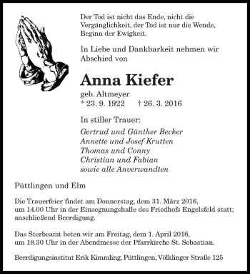 Todesanzeige von Anna Kiefer von saarbruecker_zeitung