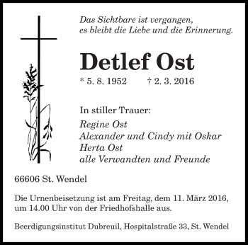 Todesanzeige von Detlef Ost von saarbruecker_zeitung
