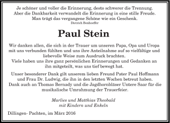 Todesanzeige von Paul Stein von saarbruecker_zeitung