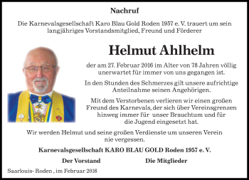 Todesanzeige von Helmut Ahlhelm von saarbruecker_zeitung