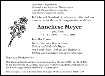 Todesanzeige von Anneliese Meyer von saarbruecker_zeitung
