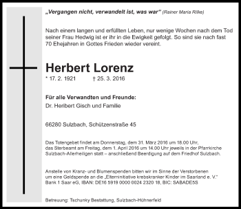 Todesanzeige von Herbert Lorenz von saarbruecker_zeitung