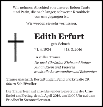 Todesanzeige von Edith Erfurt von saarbruecker_zeitung