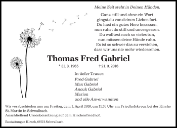 Todesanzeige von Thomas Fred Gabriel von saarbruecker_zeitung