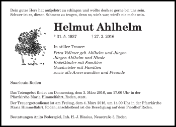 Todesanzeige von Helmut Ahlhelm von saarbruecker_zeitung