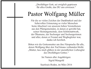 Todesanzeige von Wolfgang Müller von saarbruecker_zeitung