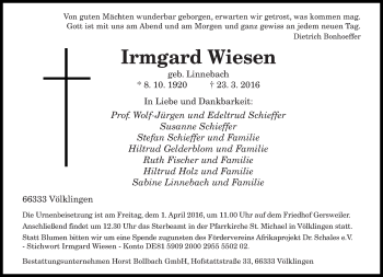 Todesanzeige von Irmgard Wiesen von saarbruecker_zeitung