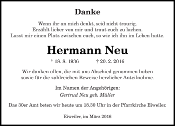 Todesanzeige von Hermann Neu von saarbruecker_zeitung
