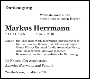 Todesanzeige von Markus Herrmann von saarbruecker_zeitung