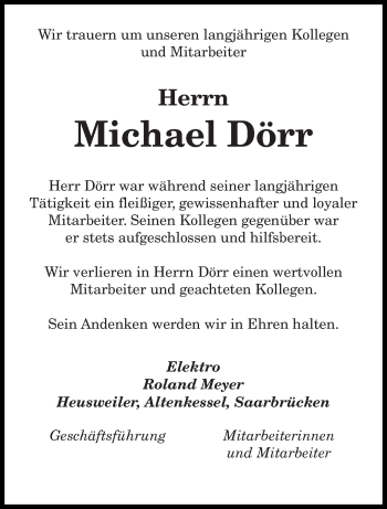 Todesanzeige von Michael Dörr von saarbruecker_zeitung
