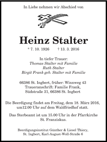 Todesanzeige von Heinz Stalter von saarbruecker_zeitung