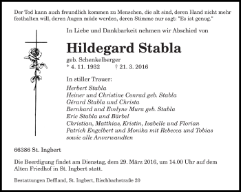 Todesanzeige von Hildegard Stabla von saarbruecker_zeitung