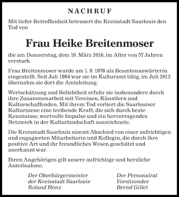 Todesanzeige von Heike Breitenmoser von saarbruecker_zeitung