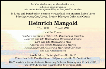 Todesanzeige von Heinrich Mangold von saarbruecker_zeitung