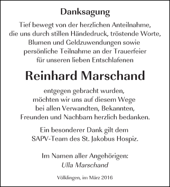 Todesanzeige von Reinhard Marschand von saarbruecker_zeitung