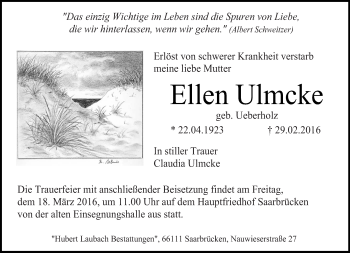 Todesanzeige von Ellen Ulmcke von saarbruecker_zeitung